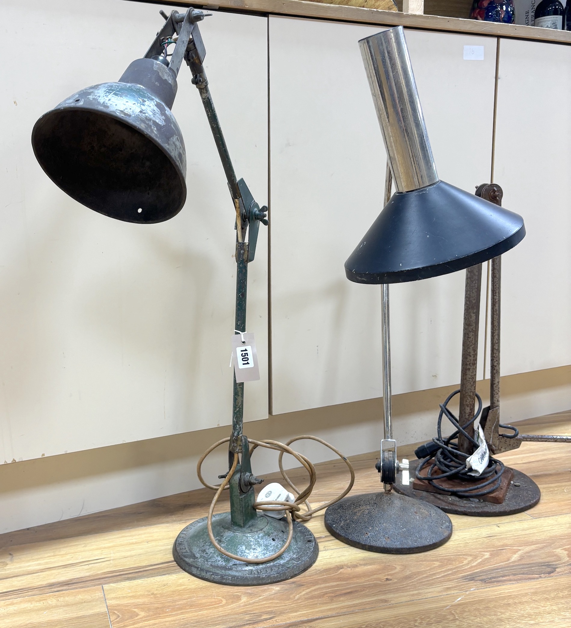 An FEW Autax Langham Handy Lamp, and two other mid-century adjustable lamps, tallest 103cm high